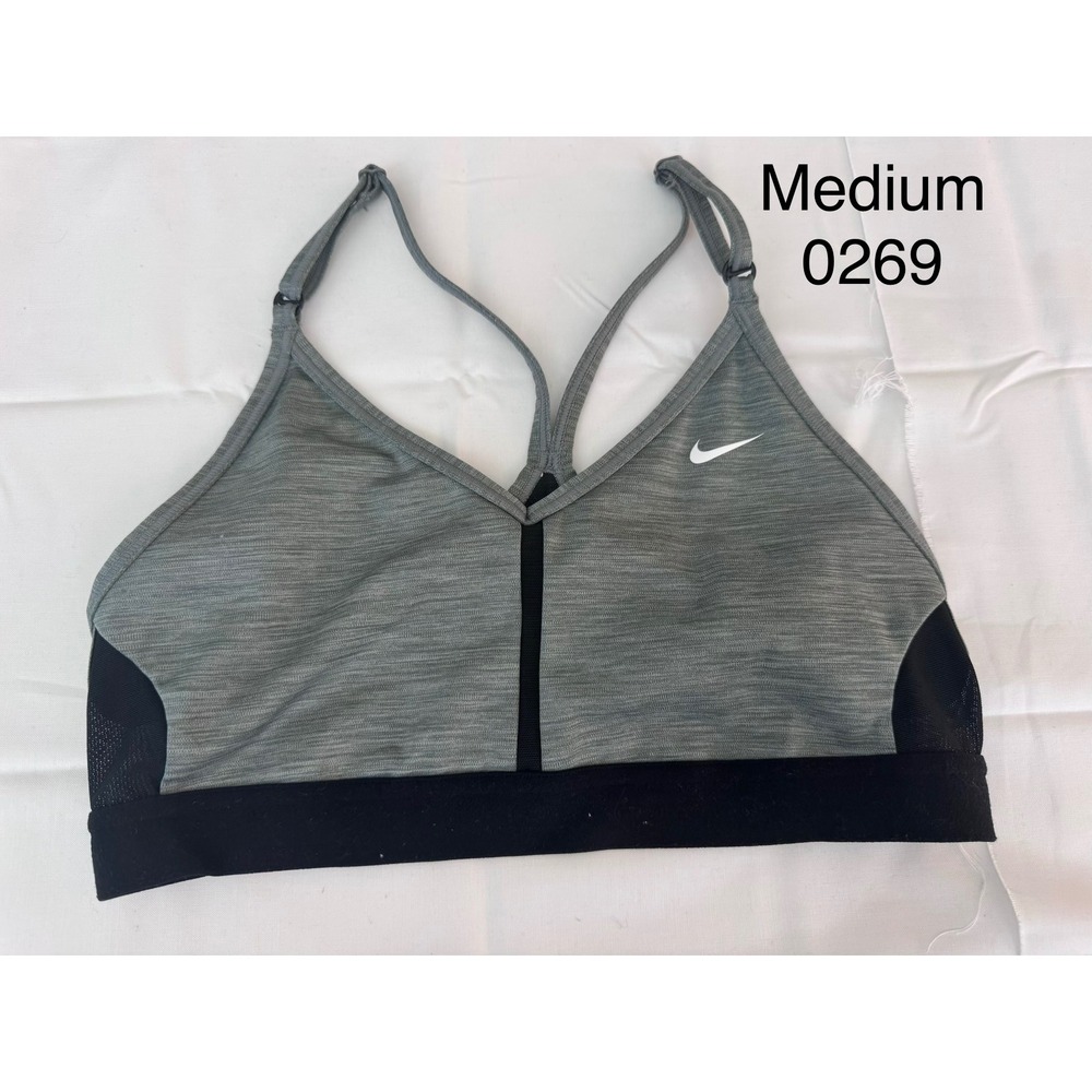 Nike Indy Sports Bra Womens Medium Gray Black Mesh Light Support V-Neck Yoga Bra